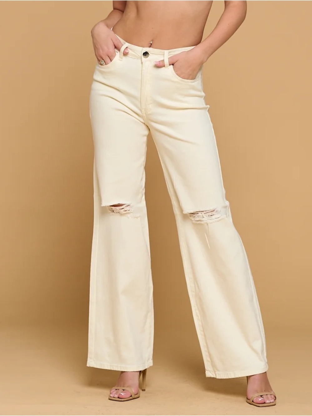NWT🤍Lover Brand Fashion High Waisted Distressed Wide Leg Small Ivory
